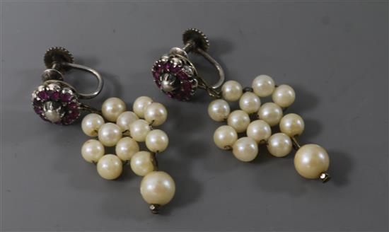 A pair of antique ruby and cultured pearl cluster drop earrings.